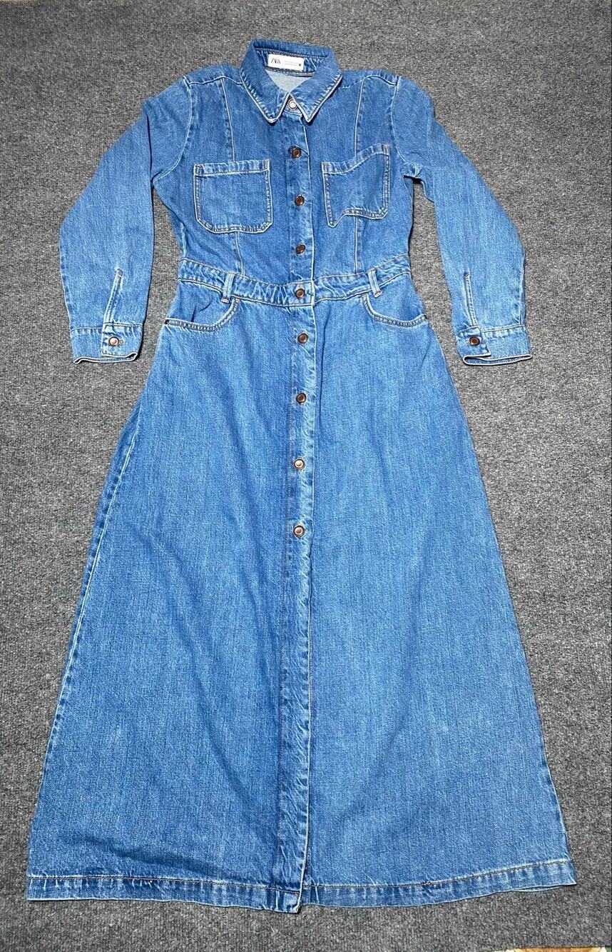New ZARA Denim Midi Dress Blue Long Sleeve Button Front Women's Medium